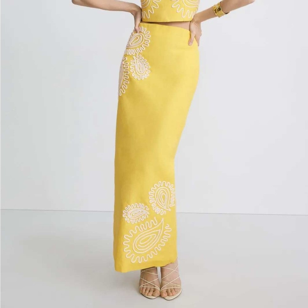 Significant Other Carly Maxi Skirt Yellow White Applique Linen Blend Womens 6 US